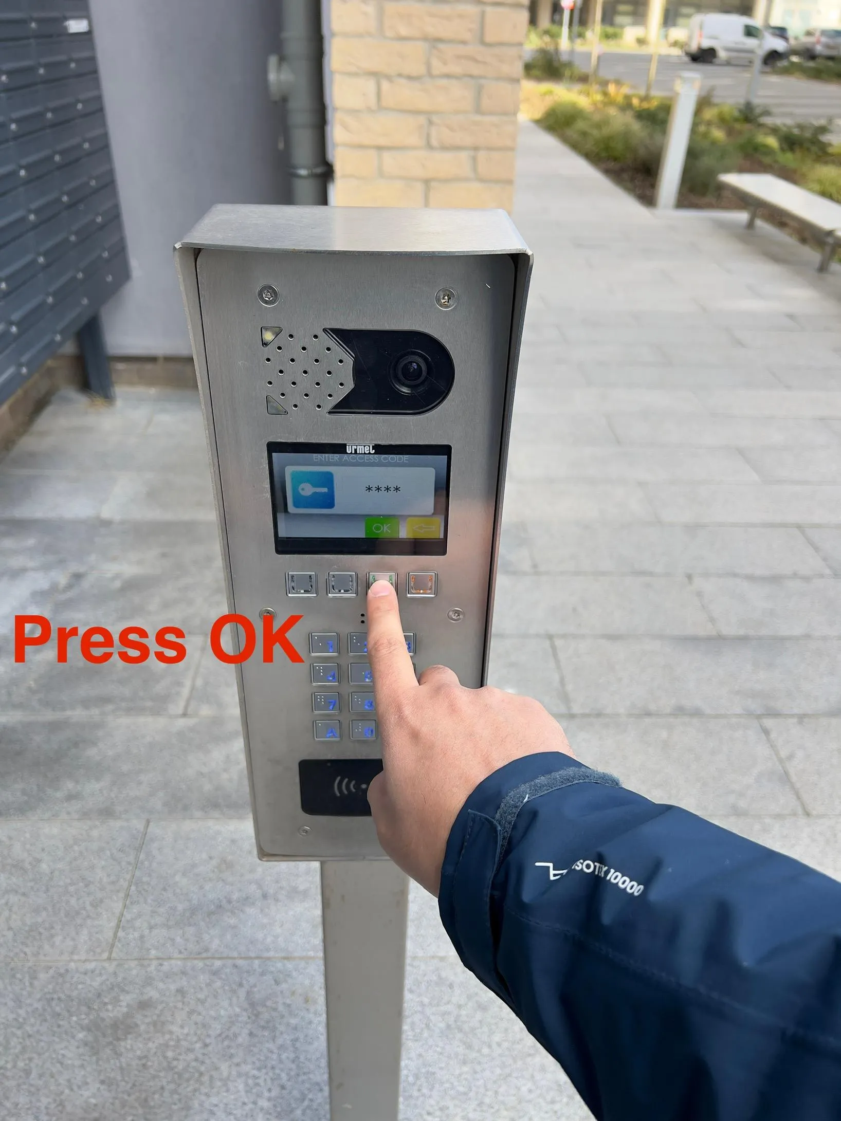 After entering the access code press Green OK button. This will unlock the door.